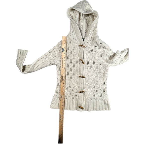 Eddie Bauer Wool Blend Cardigan Sweater Wood Toggle Buttons Cream Large Hood - Picture 5 of 9